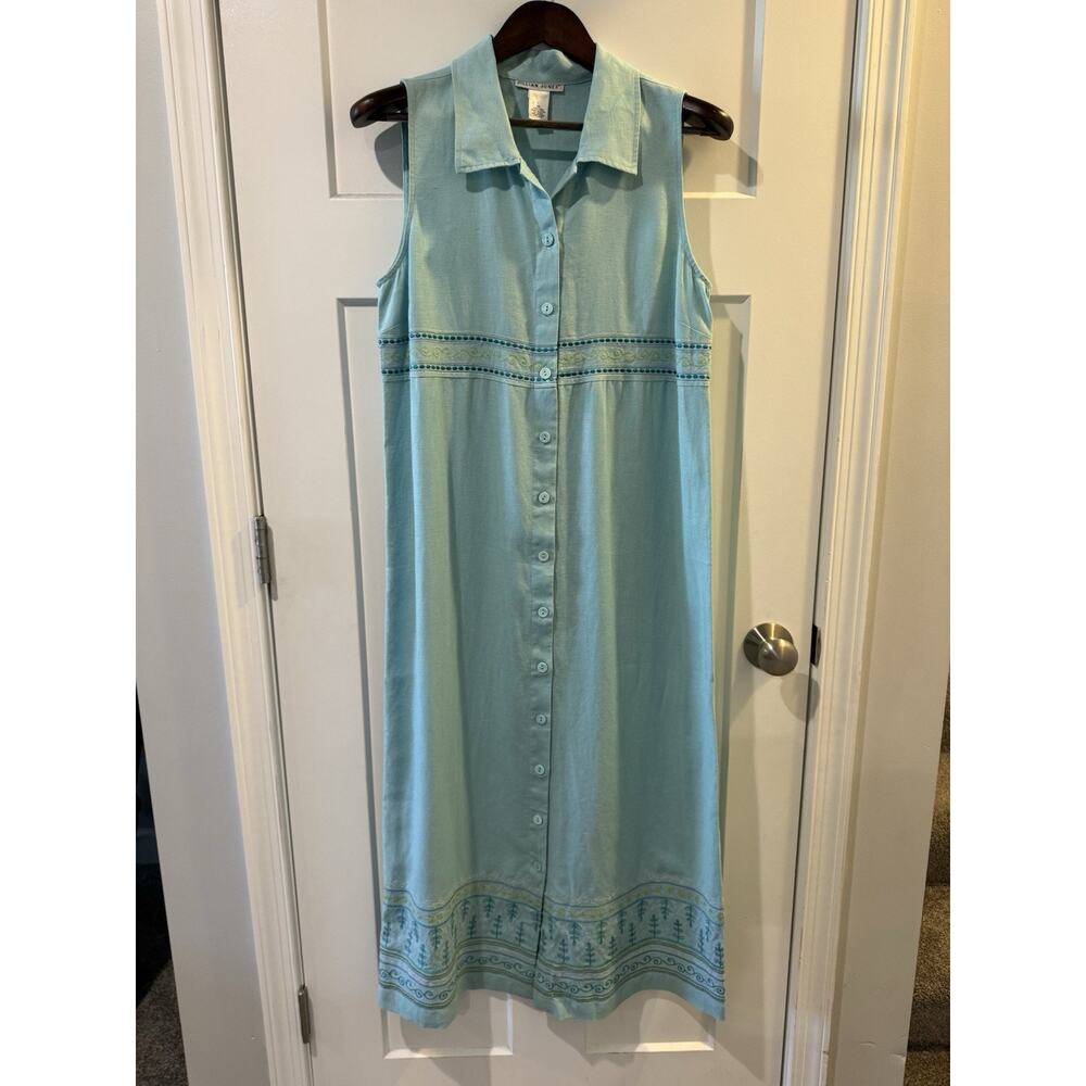 Vintage Jillian Jones Dress 100% Linen Size 10 Blue Embroidered Maxi Buttons